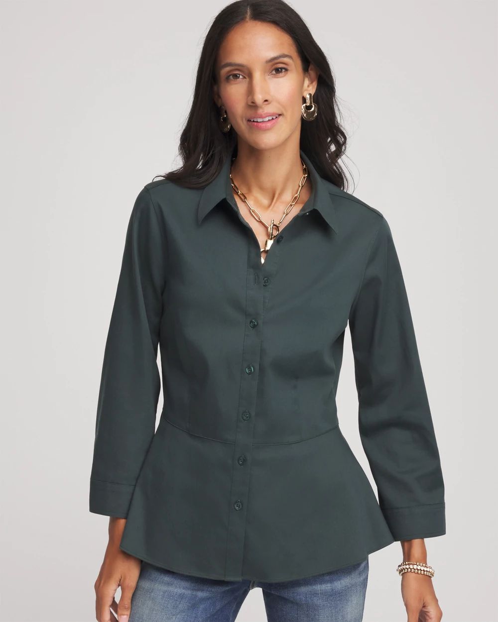 NEXTLABEL NONSTANDARD 坊屋春道 EXTRA Ver. No Iron™ Peplum Stretch-Sateen Shirt | Chico's